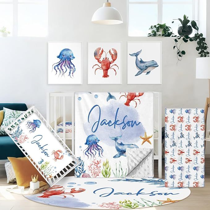 Personalized Baby Crib Bedding Set, 5 Pcs Custom Name Nursery Bedding Set for Boys Girls