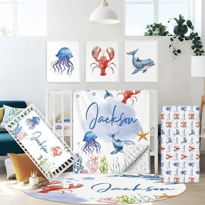 Personalized Baby Crib Bedding Set, 5 Pcs Custom Name Nursery Bedding Set for Boys Girls