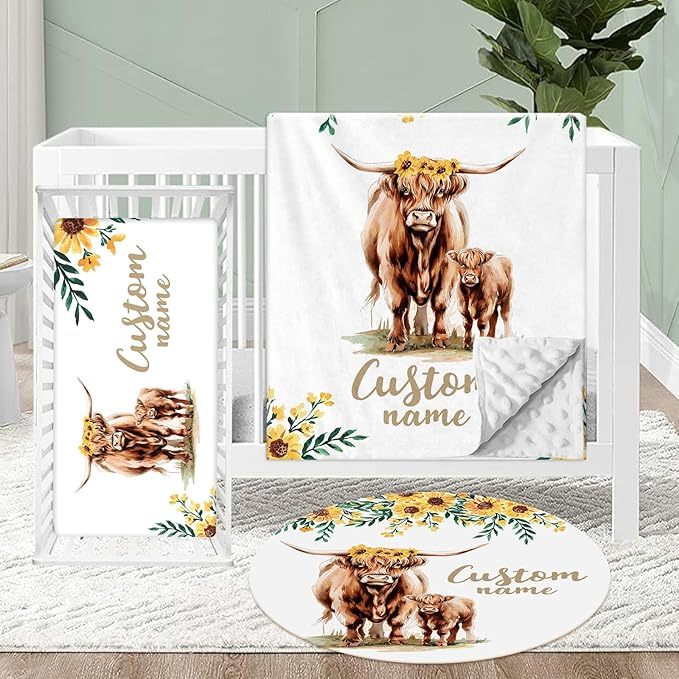 Personalized Crib Bedding Set for Baby, 3 Pcs Double Layer Custom Name Crib Set