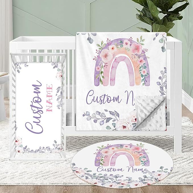 Personalized Crib Bedding Set for Baby, 3 Pcs Double Layer Custom Name Crib Set