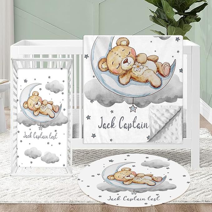 Personalized Crib Bedding Set for Baby, 3 Pcs Double Layer Custom Name Crib Set