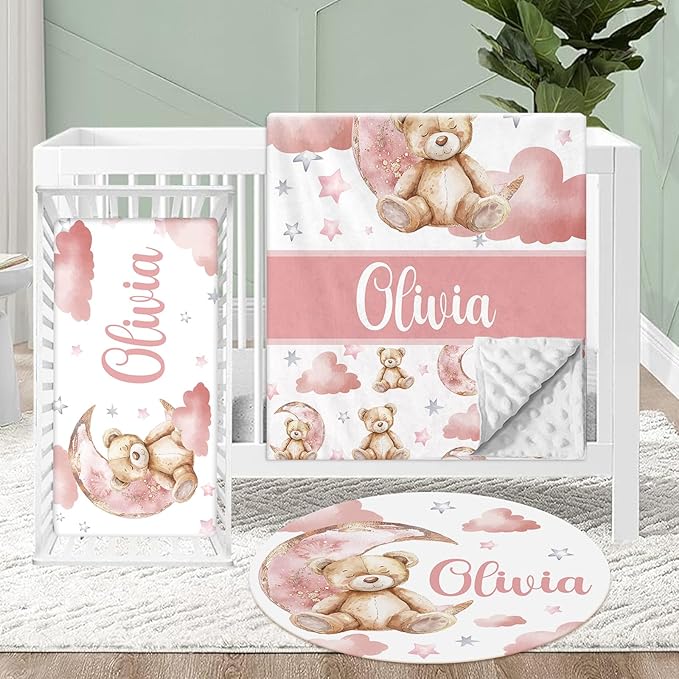 Personalized Crib Bedding Set for Baby, 3 Pcs Double Layer Custom Name Crib Set
