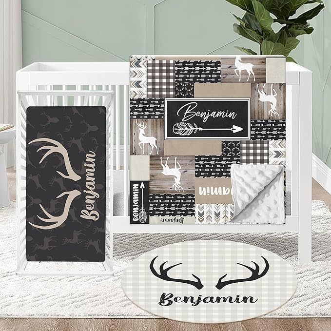 Personalized Crib Bedding Set for Baby, 3 Pcs Double Layer Custom Name Crib Set