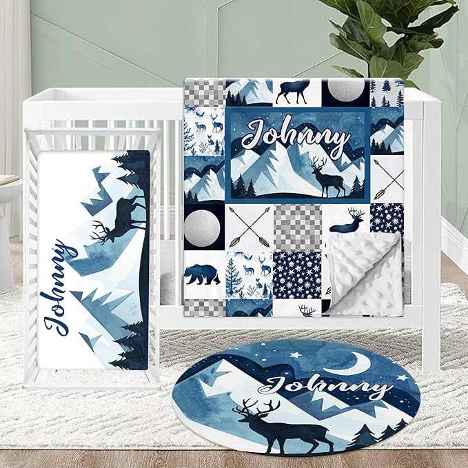 Personalized Crib Bedding Set for Baby, 3 Pcs Double Layer Custom Name Crib Set