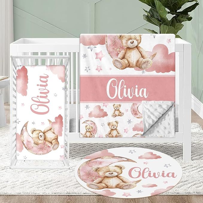 Personalized Crib Bedding Set for Baby, 3 Pcs Double Layer Custom Name Crib Set