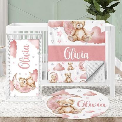 Personalized Crib Bedding Set for Baby, 3 Pcs Double Layer Custom Name Crib Set