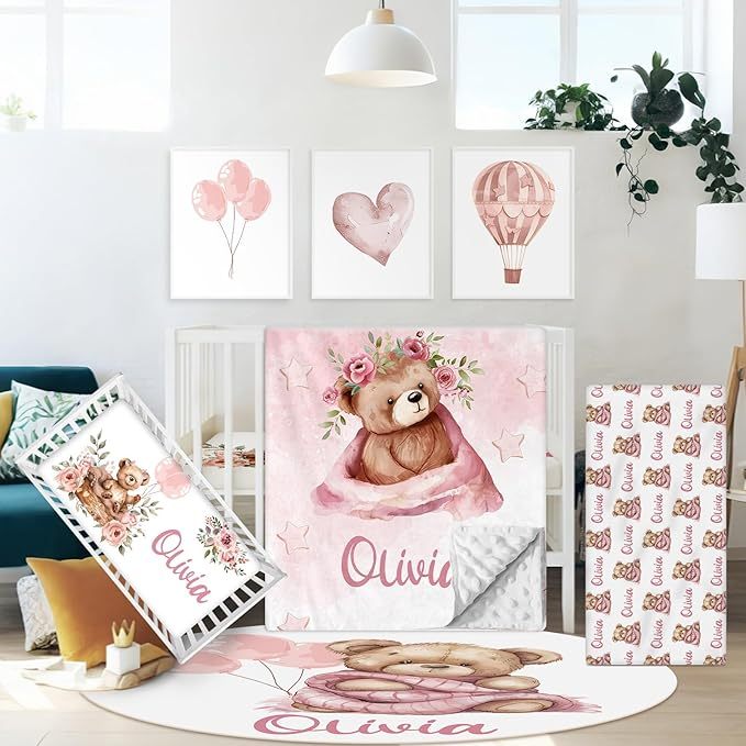 Personalized Baby Crib Bedding Set, 5 Pcs Custom Name Nursery Bedding Set for Boys Girls