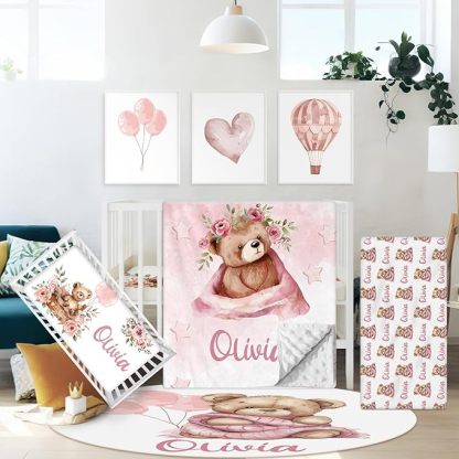 Personalized Baby Crib Bedding Set, 5 Pcs Custom Name Nursery Bedding Set for Boys Girls