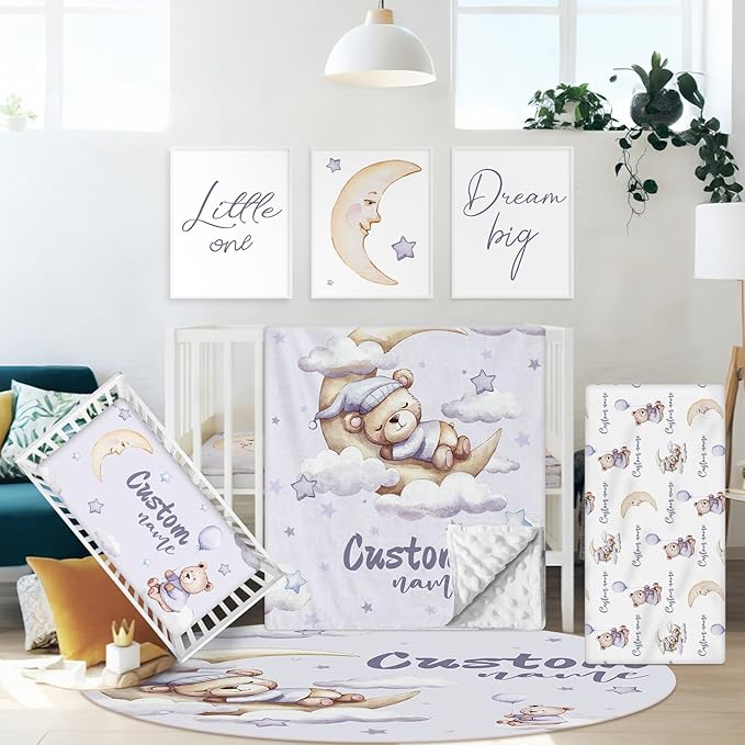 Personalized Baby Crib Bedding Set, 5 Pcs Custom Name Nursery Bedding Set for Boys Girls