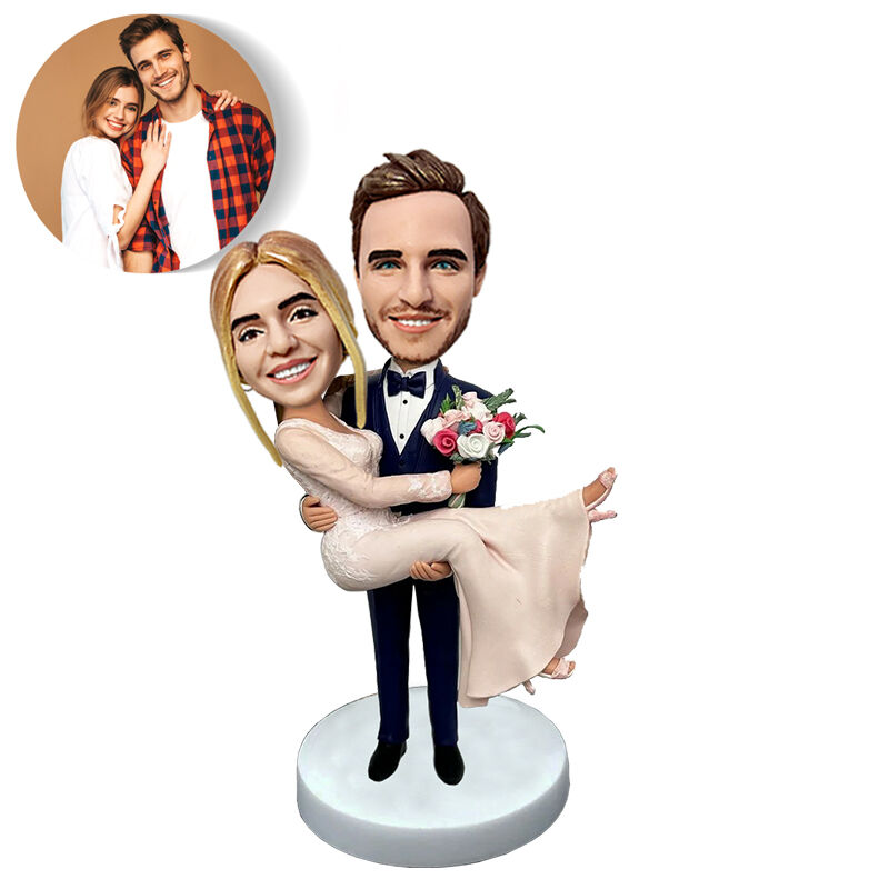 Custom Bobblehead Hugging With Carrying Flowers Romantic Wedding Gift For Wife