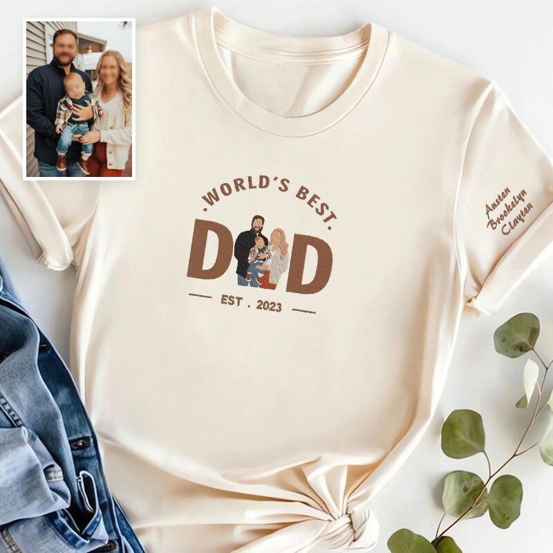 Personalized T-shirt Embroidered World's Best Dad with Custom Photo Unique Gift for Father's Day