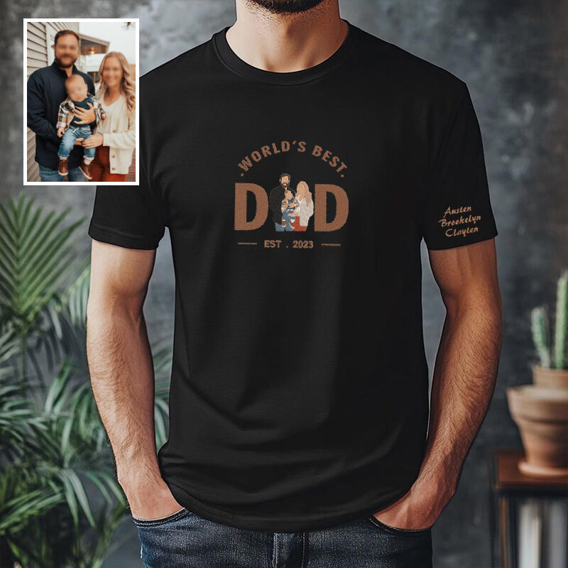 Personalized T-shirt Embroidered World's Best Dad with Custom Photo Unique Gift for Father's Day