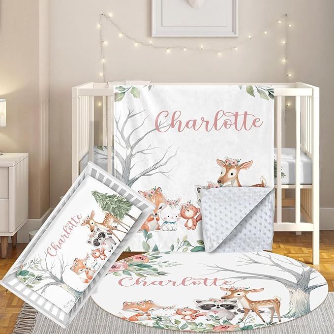 3 Pcs Personalized Nursery Bedding Set with Name,Various Animal Prints for Girls Boys