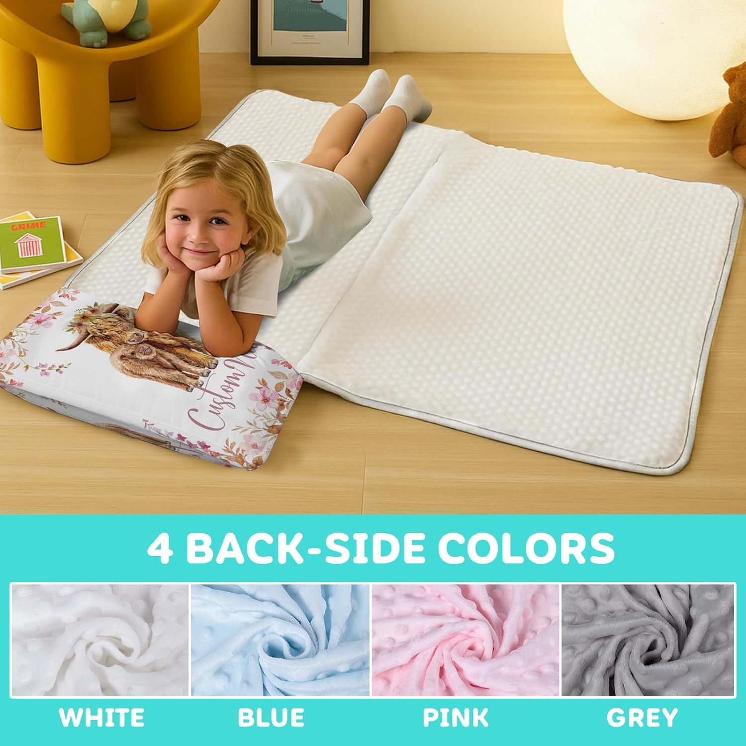 Custom Personalized Name Kids Nap Mat Highland Cow Pattern