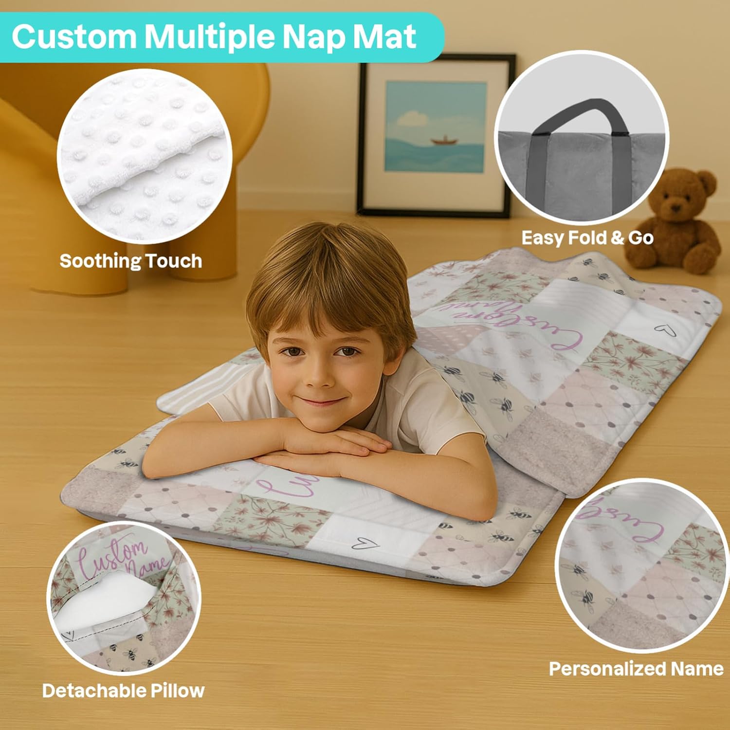 Custom Personalized Name Kids Nap Mat Bee Pattern
