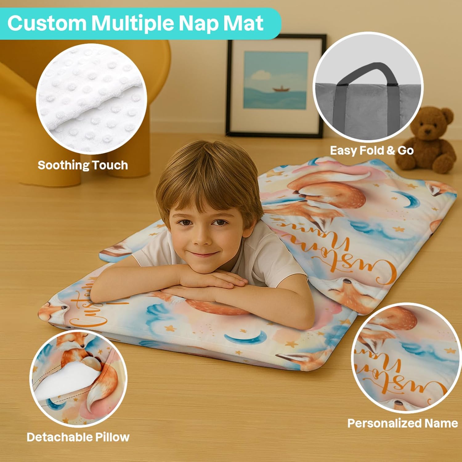 Custom Personalized Name Kids Nap Mat Cute Fox Pattern