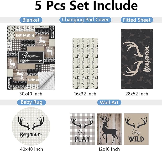 Personalized Woodland Deer Crib Set 5 Pcs Nursery Bedding Set With Double Layer, Soft Bedding Sets For Boys Girls