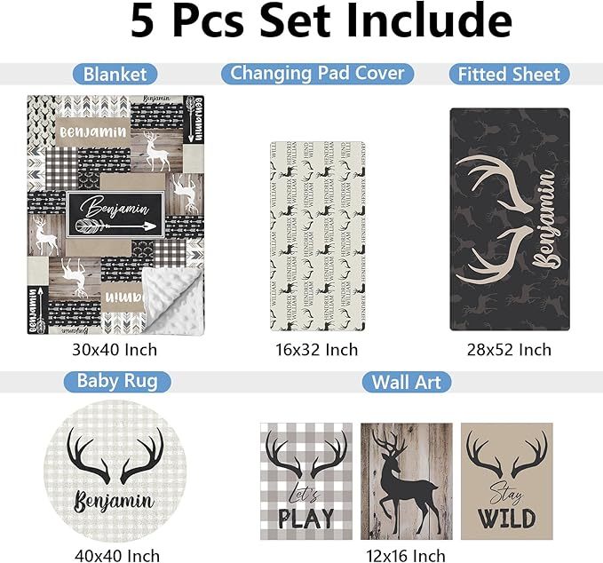 Personalized Woodland Deer Crib Set 5 Pcs Nursery Bedding Set With Double Layer, Soft Bedding Sets For Boys Girls