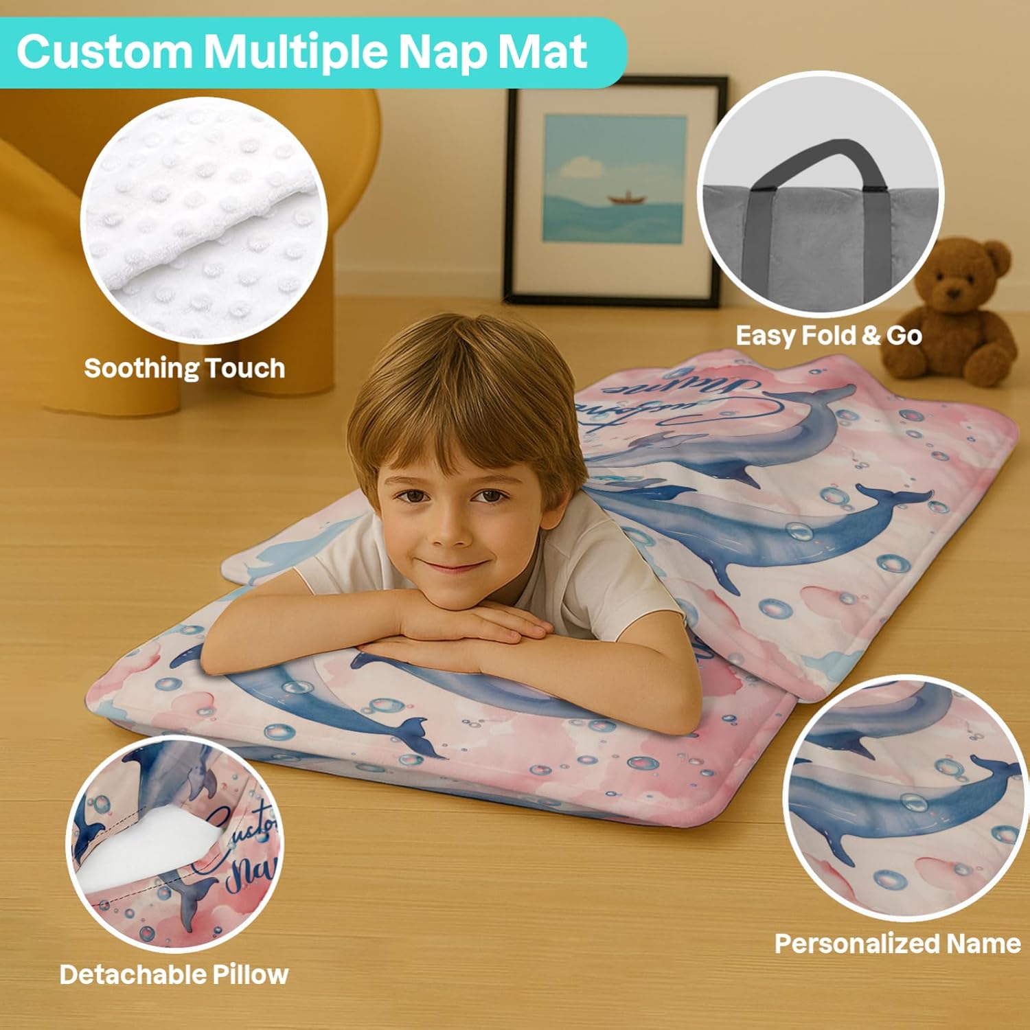 Custom Personalized Name Kids Nap Mat Cute Dolphin Pattern