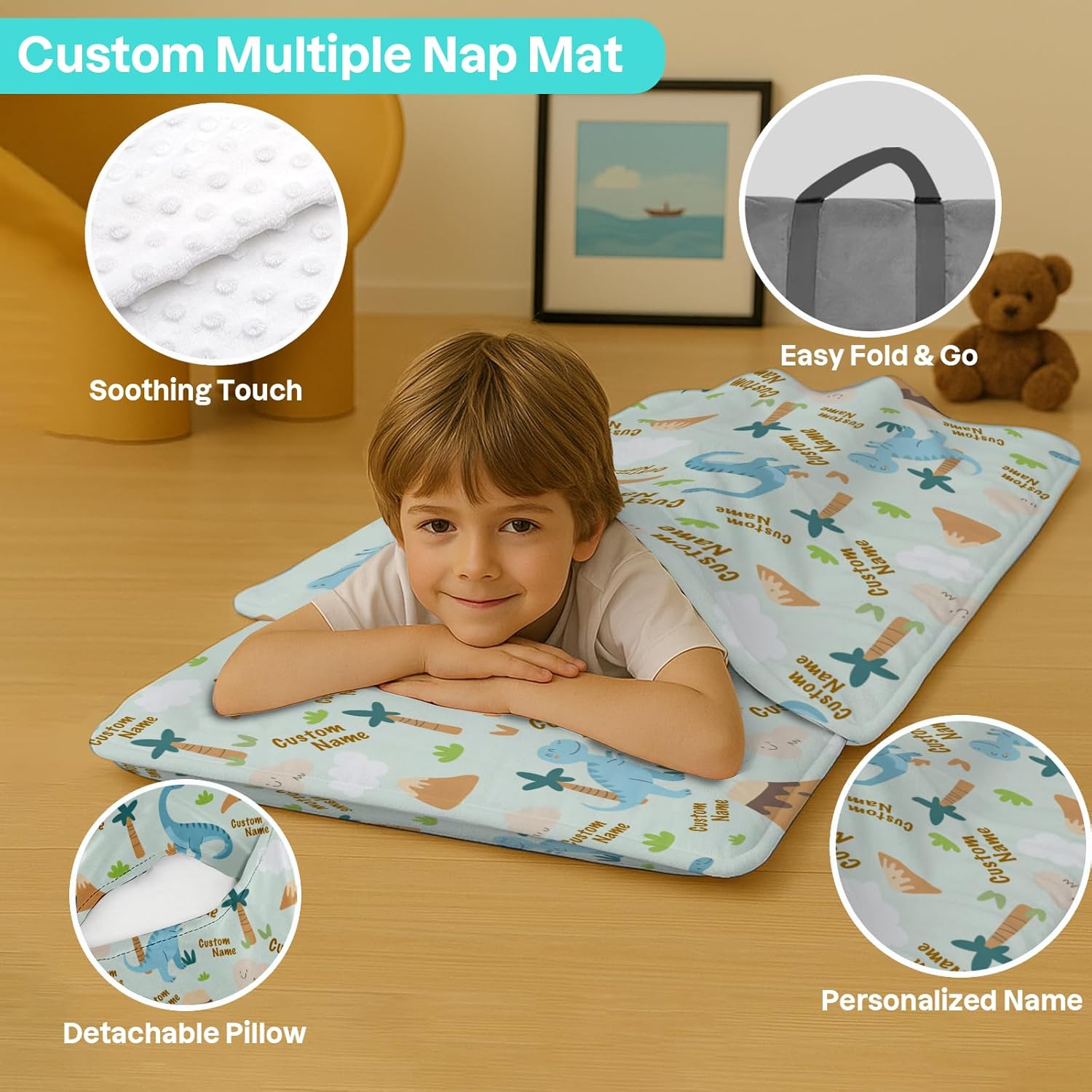 Custom Personalized Name Kids Nap Mat Green Dinosaur