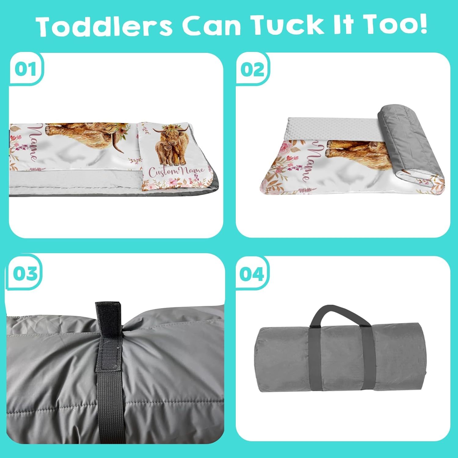 Custom Personalized Name Kids Nap Mat Highland Cow Pattern