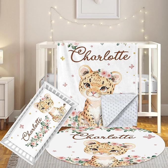 3 Pcs Personalized Nursery Bedding Set with Name,Various Animal Prints for Girls Boys