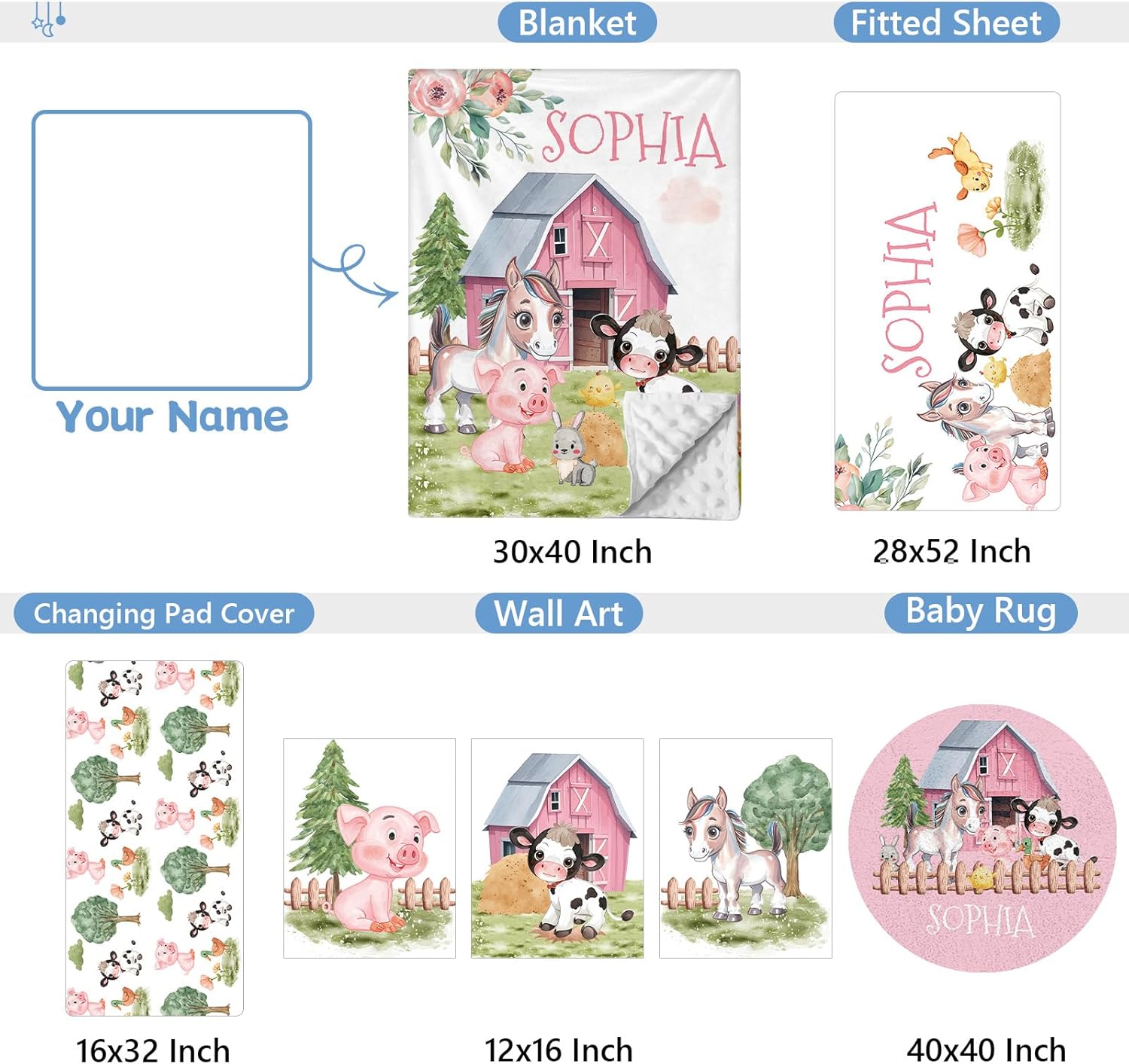 5 Pcs Custom Crib Set With Name, Soft Farm Animal Set for Boy Girls, Customized Gift for Toddler Infant