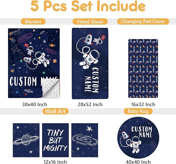 Personalized Crib Bedding Set, 5 Pcs Custom Nursery Bedding Sets with Name, Blue Astronaut for Baby Boys Girls