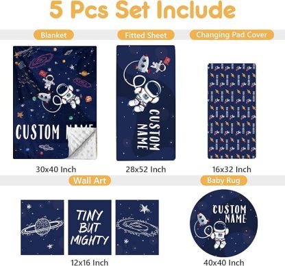 Personalized Crib Bedding Set, 5 Pcs Custom Nursery Bedding Sets with Name, Blue Astronaut for Baby Boys Girls