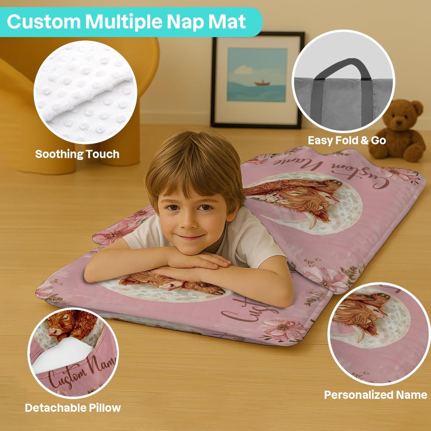 Custom Personalized Name Kids Nap Mat Moon Cow Pattern