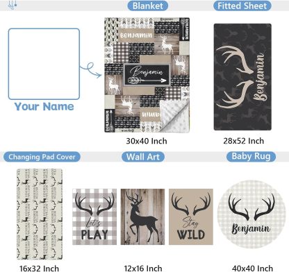 Personalized Woodland Deer Crib Set 5 Pcs Nursery Bedding Set With Double Layer, Soft Bedding Sets For Boys Girls