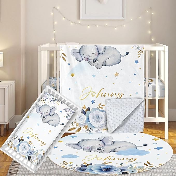 3 Pcs Personalized Nursery Bedding Set with Name,Various Animal Prints for Girls Boys