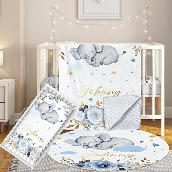 3 Pcs Personalized Nursery Bedding Set with Name,Various Animal Prints for Girls Boys