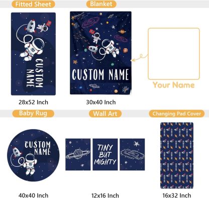 Personalized Crib Bedding Set, 5 Pcs Custom Nursery Bedding Sets with Name, Blue Astronaut for Baby Boys Girls