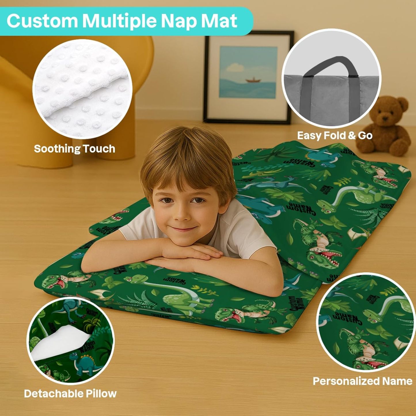 Custom Personalized Kids Nap Mat Green Dinosaur