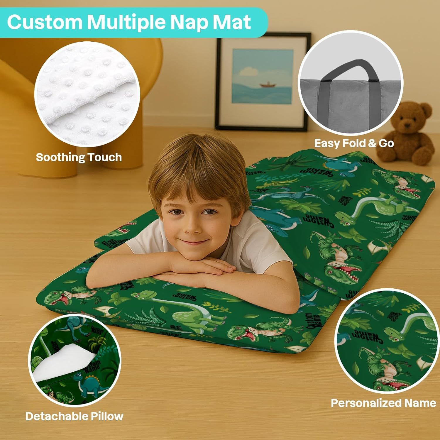 Custom Personalized Kids Nap Mat Green Dinosaur