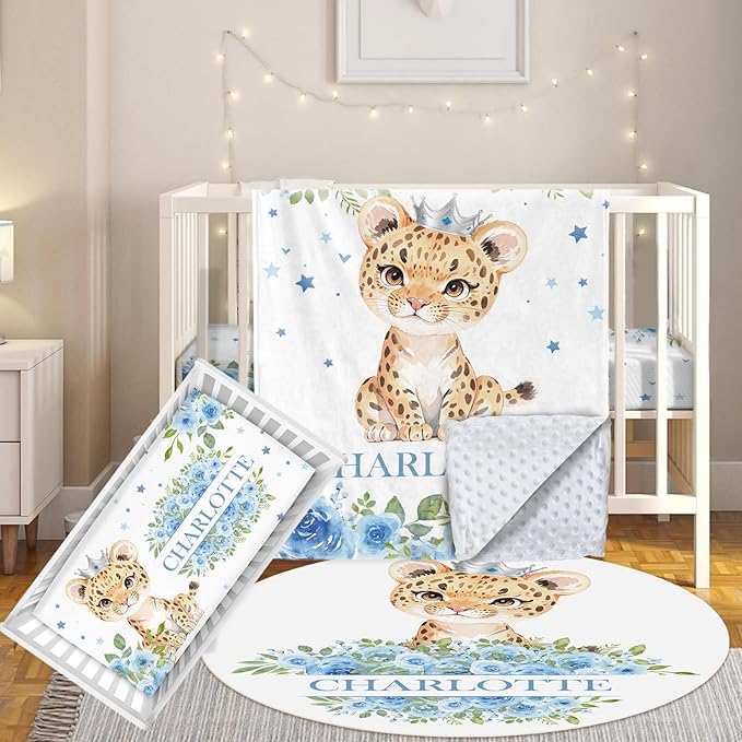 3 Pcs Personalized Nursery Bedding Set with Name,Various Animal Prints for Girls Boys