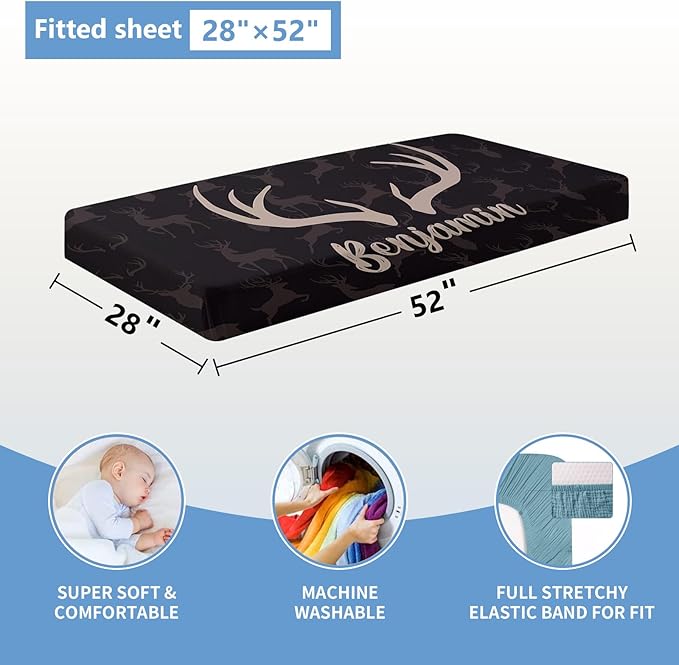 Personalized Woodland Deer Crib Set 5 Pcs Nursery Bedding Set With Double Layer, Soft Bedding Sets For Boys Girls