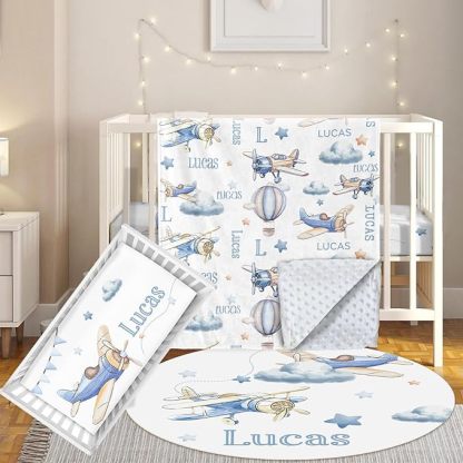 3 Pcs Personalized Nursery Bedding Set with Name,Various Animal Prints for Girls Boys