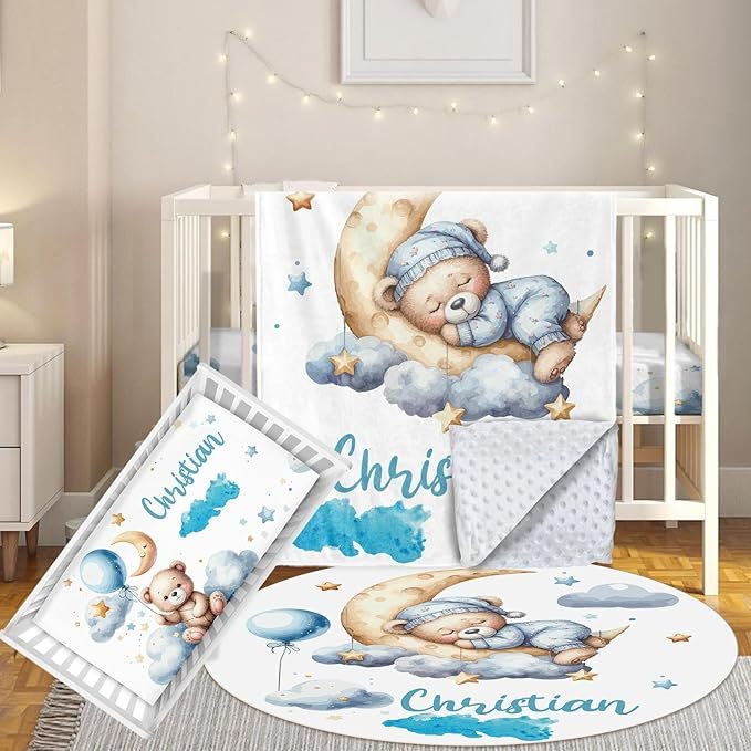 3 Pcs Personalized Nursery Bedding Set with Name,Various Animal Prints for Girls Boys