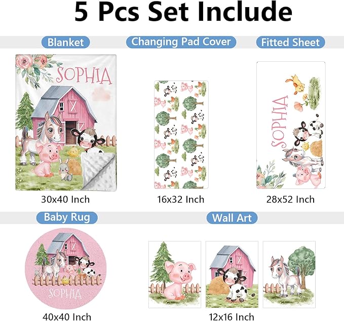 5 Pcs Custom Crib Set With Name, Soft Farm Animal Set for Boy Girls, Customized Gift for Toddler Infant
