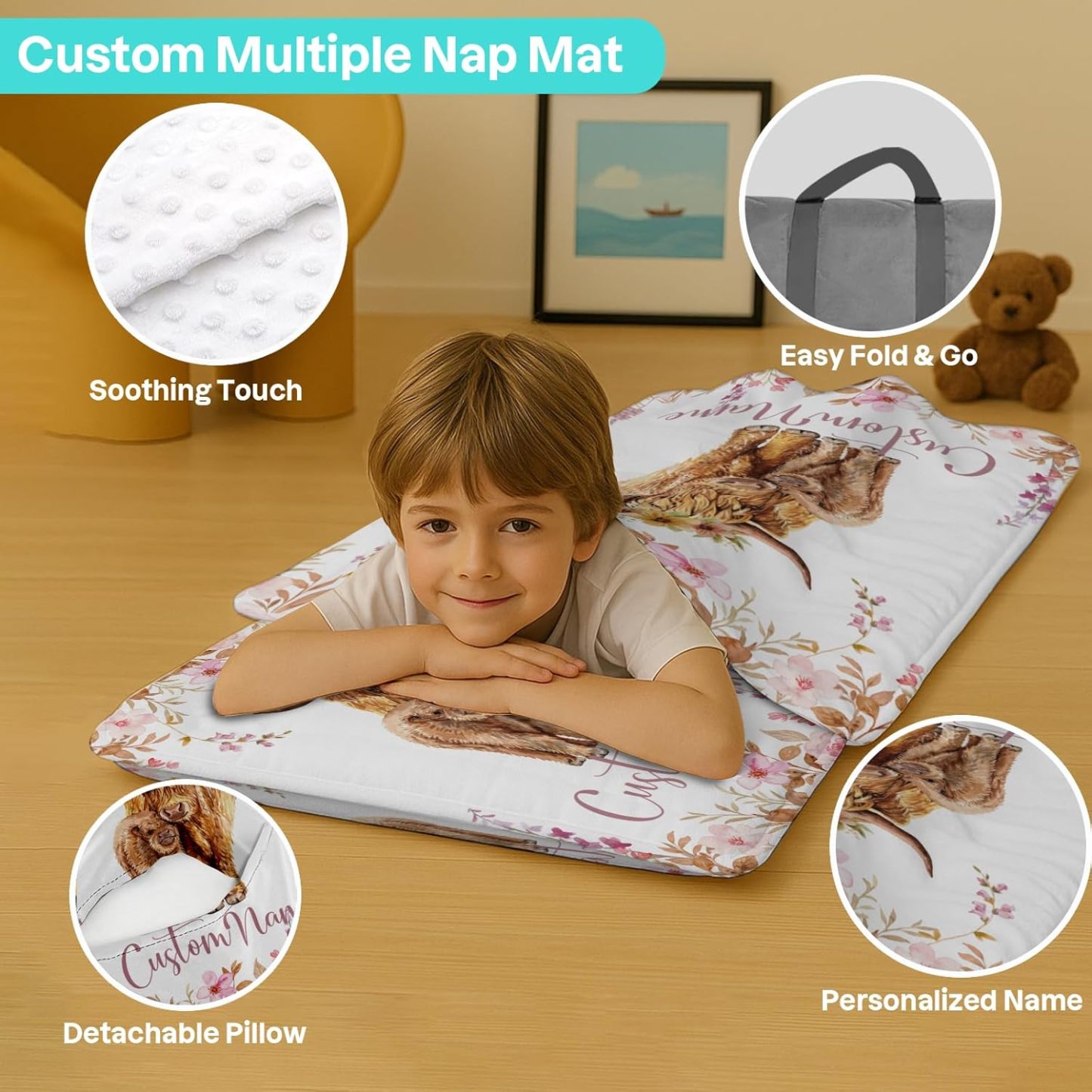 Custom Personalized Name Kids Nap Mat Highland Cow Pattern