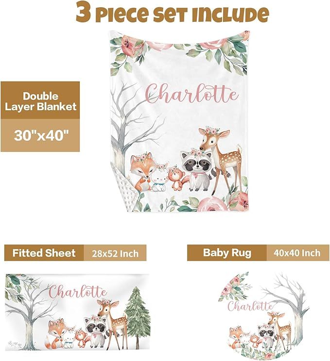 Custom Baby Crib Bedding Set, 3 Pcs Personalized Nursery Bedding Set with Name,Various Animal Prints for Girls Boys