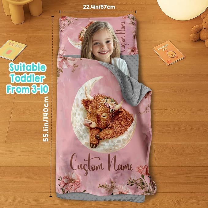 Custom Personalized Name Kids Nap Mat Moon Cow Pattern