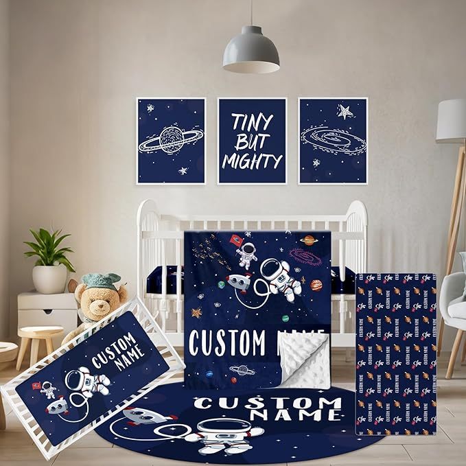 Personalized Crib Bedding Set Blue Astronaut for Baby Boys Girls