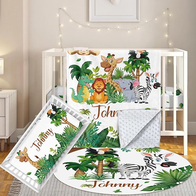 3 Pcs Personalized Nursery Bedding Set with Name,Various Animal Prints for Girls Boys