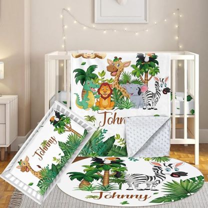 3 Pcs Personalized Nursery Bedding Set with Name,Various Animal Prints for Girls Boys