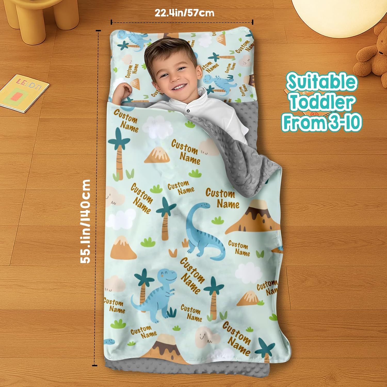 Custom Personalized Name Kids Nap Mat Green Dinosaur