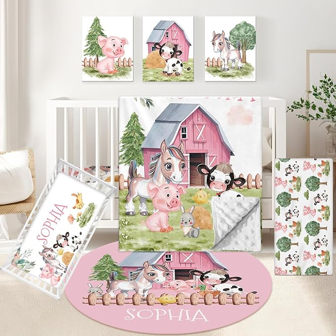 5 Pcs Custom Crib Set With Name, Soft Farm Animal Set for Boy Girls, Customized Gift for Toddler Infant
