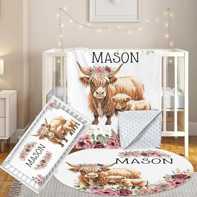 3 Pcs Personalized Nursery Bedding Set with Name,Various Animal Prints for Girls Boys